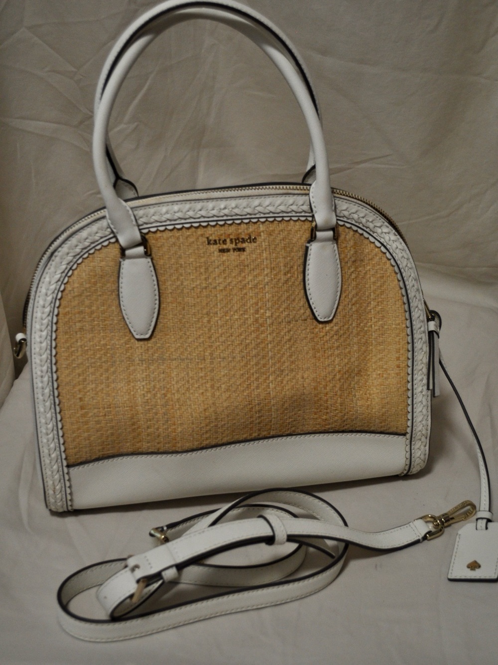 kate spade White and Natural Straw Dome Satchel with Detachable Strap
